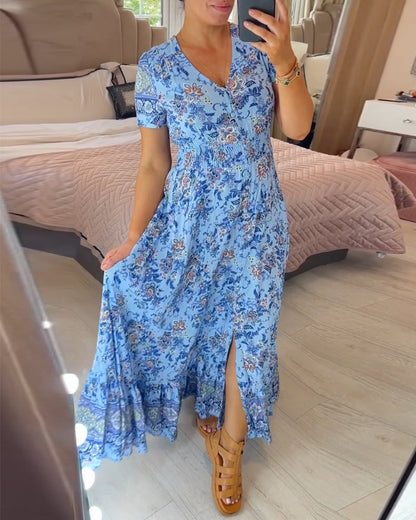 (💃Vendita calda - 49% di sconto🔥Spedizione gratuita)Abito con scollo a V con stampa floreale